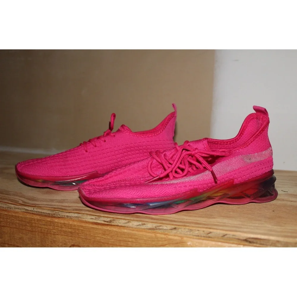 Epicstep Hot Pink Knit Sneakers Rainbow Translucent Sole Athletic Shoes Mens